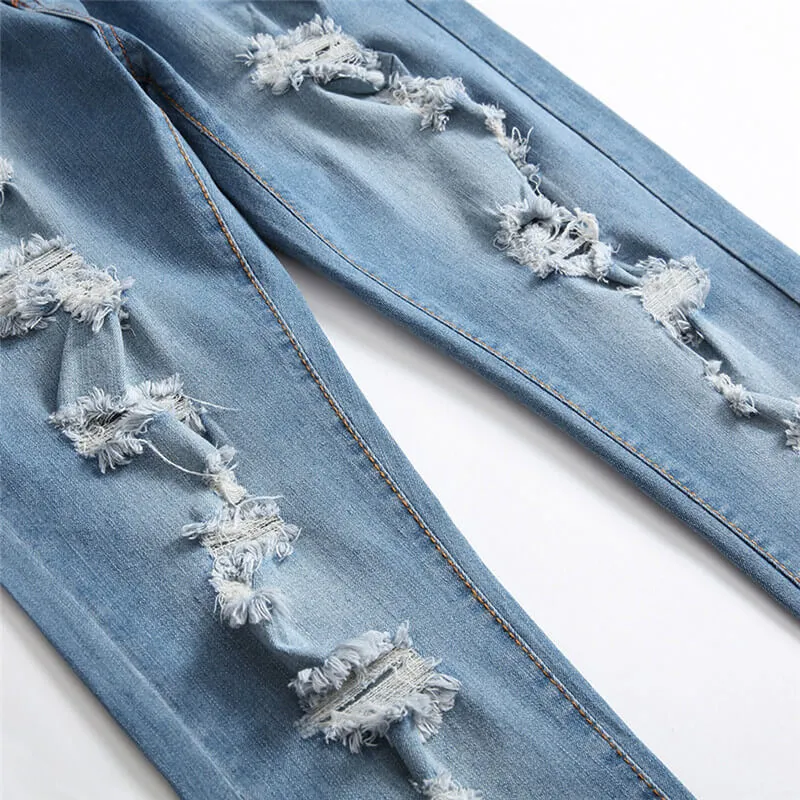 New Basic Men's Ripped Jeans Elasticity Mid Waist Straight Pants