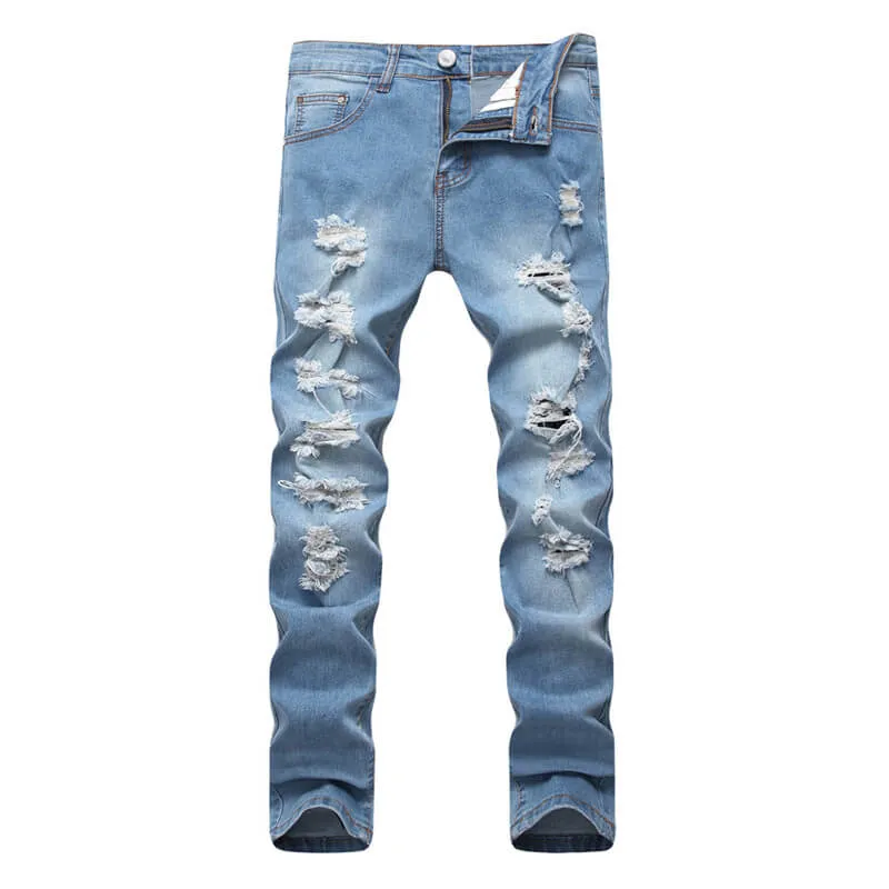 New Basic Men's Ripped Jeans Elasticity Mid Waist Straight Pants
