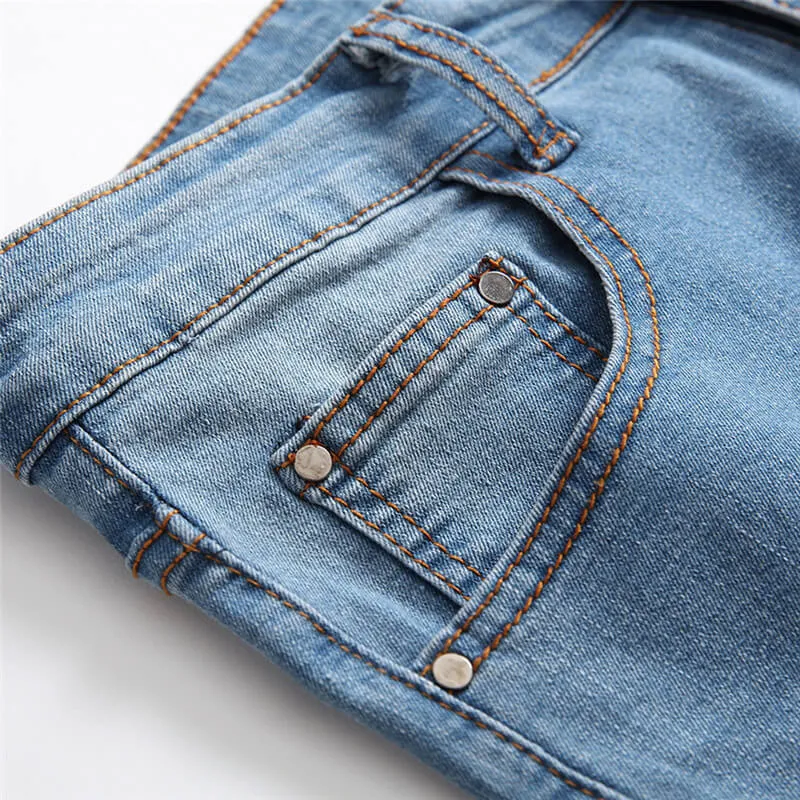 New Basic Men's Ripped Jeans Elasticity Mid Waist Straight Pants