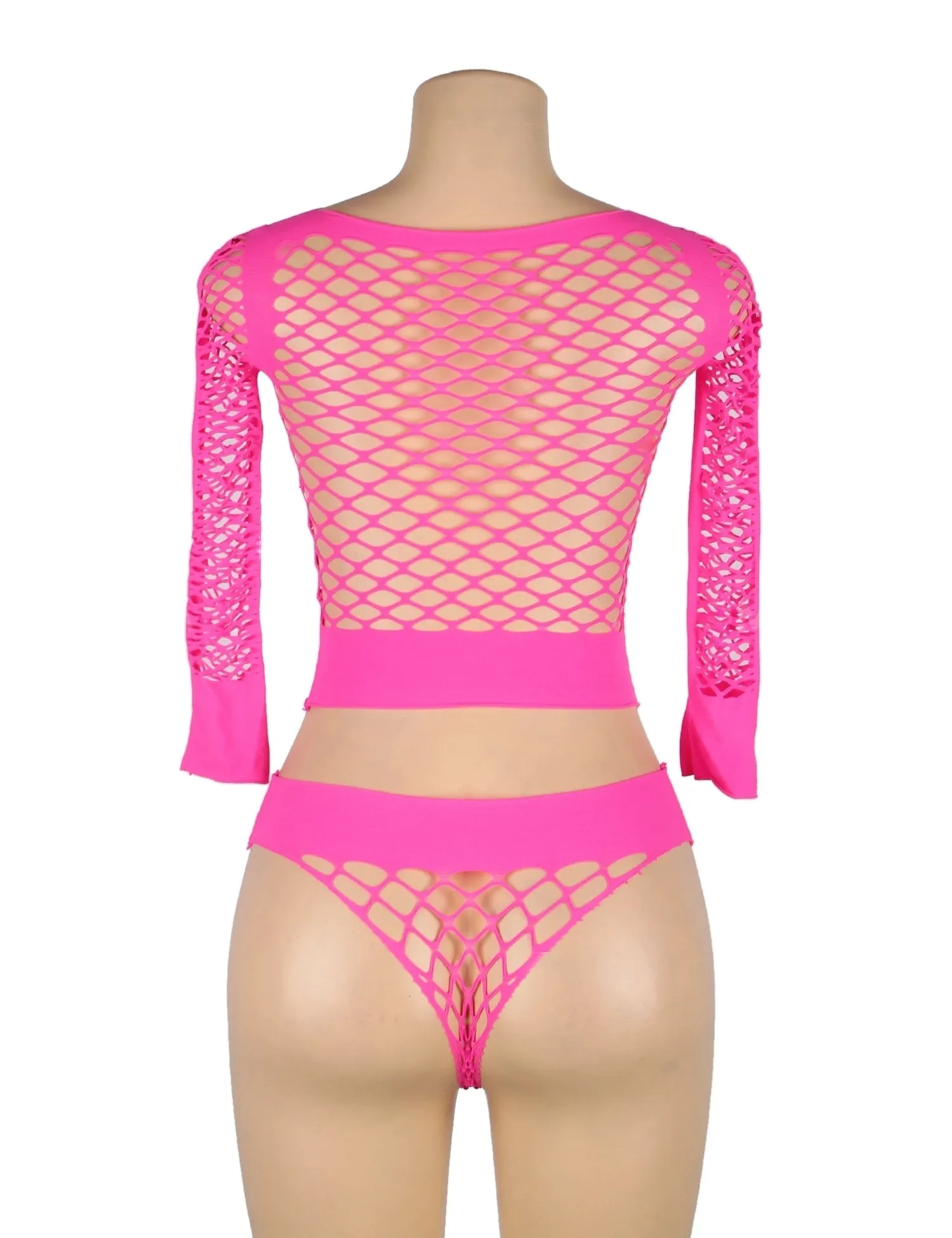 New Long Sleeve Two-Piece Bodystocking With Fishnet Crop Top And Bottom