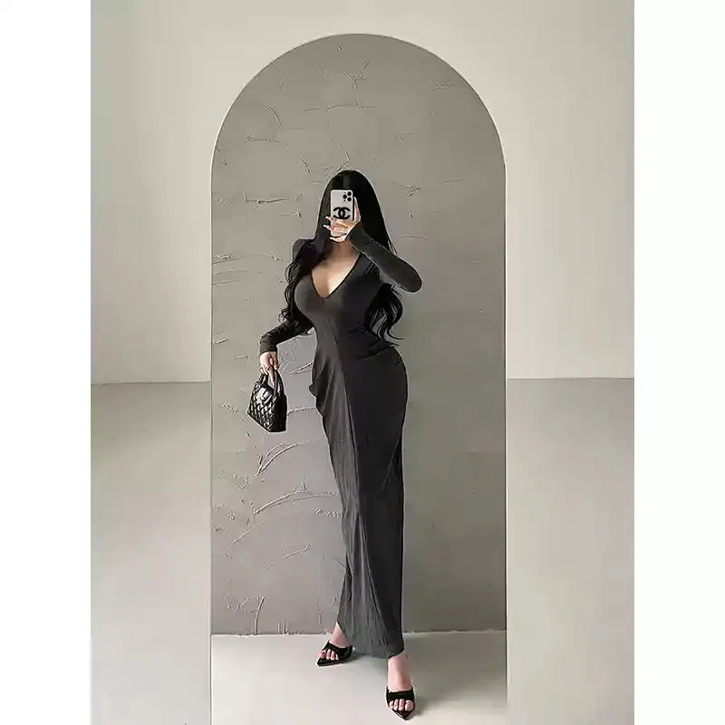 New Simple Black V Neck Slim Fit Cotton Long Dress Spring