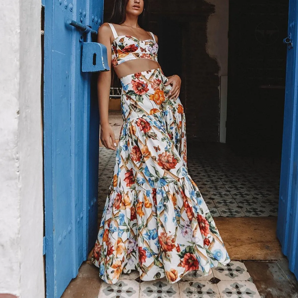 New Summer Holiday Floral Print Two Pieces Sets