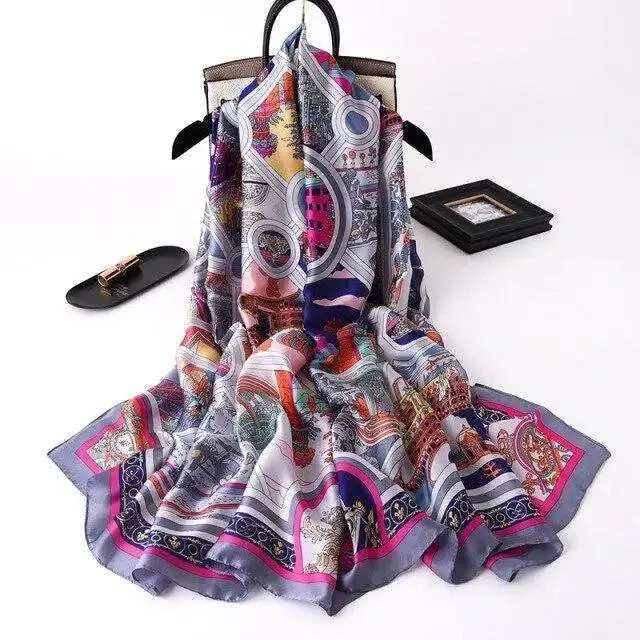 New Women Autumn Winter Fashion Silk Scarf Shawl Beach Headband Female Casual Wear Beach Friendly Spring Silk Scarf Flower Print Silk Scarves Shawls and Wraps Long Size Beach Stoles