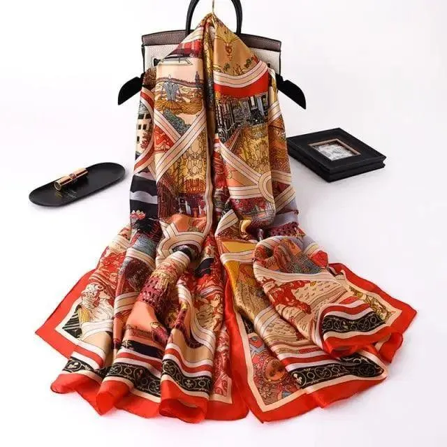 New Women Autumn Winter Fashion Silk Scarf Shawl Beach Headband Female Casual Wear Beach Friendly Spring Silk Scarf Flower Print Silk Scarves Shawls and Wraps Long Size Beach Stoles