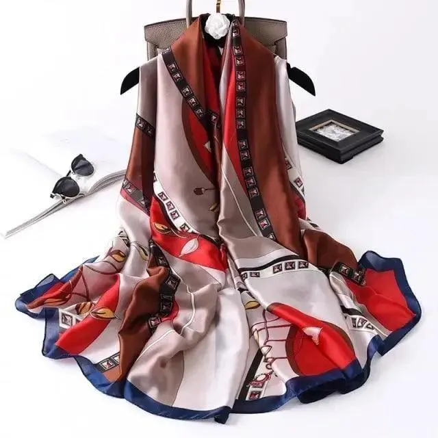 New Women Autumn Winter Fashion Silk Scarf Shawl Beach Headband Female Casual Wear Beach Friendly Spring Silk Scarf Flower Print Silk Scarves Shawls and Wraps Long Size Beach Stoles
