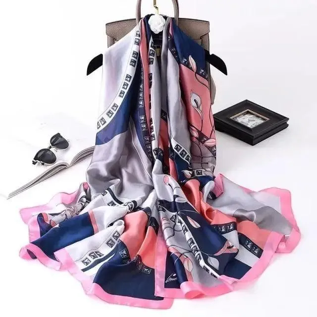 New Women Autumn Winter Fashion Silk Scarf Shawl Beach Headband Female Casual Wear Beach Friendly Spring Silk Scarf Flower Print Silk Scarves Shawls and Wraps Long Size Beach Stoles