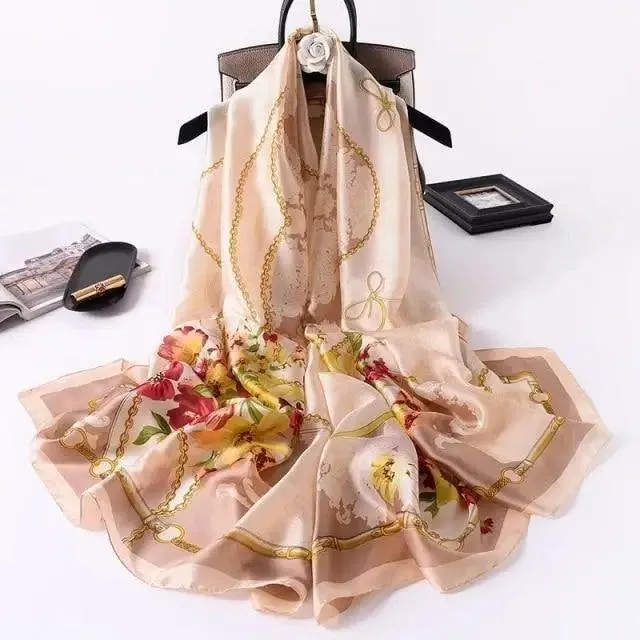 New Women Autumn Winter Fashion Silk Scarf Shawl Beach Headband Female Casual Wear Beach Friendly Spring Silk Scarf Flower Print Silk Scarves Shawls and Wraps Long Size Beach Stoles