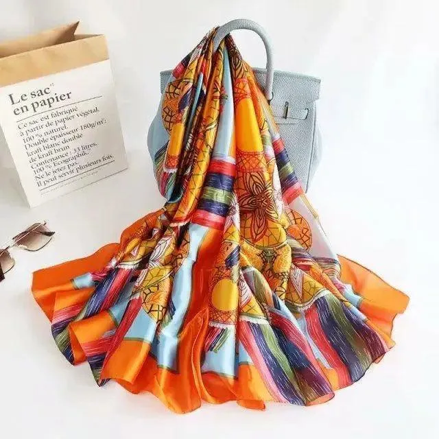 New Women Autumn Winter Fashion Silk Scarf Shawl Beach Headband Female Casual Wear Beach Friendly Spring Silk Scarf Flower Print Silk Scarves Shawls and Wraps Long Size Beach Stoles