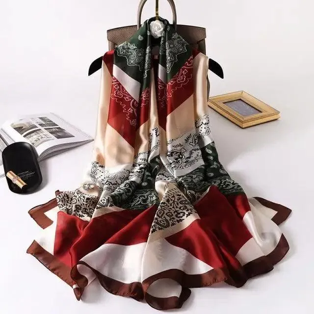 New Women Autumn Winter Fashion Silk Scarf Shawl Beach Headband Female Casual Wear Beach Friendly Spring Silk Scarf Flower Print Silk Scarves Shawls and Wraps Long Size Beach Stoles