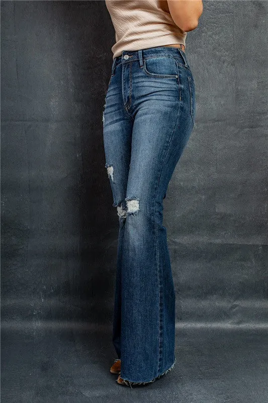New Women's High Waisted Vintage Denim Ripped Flare Jeans