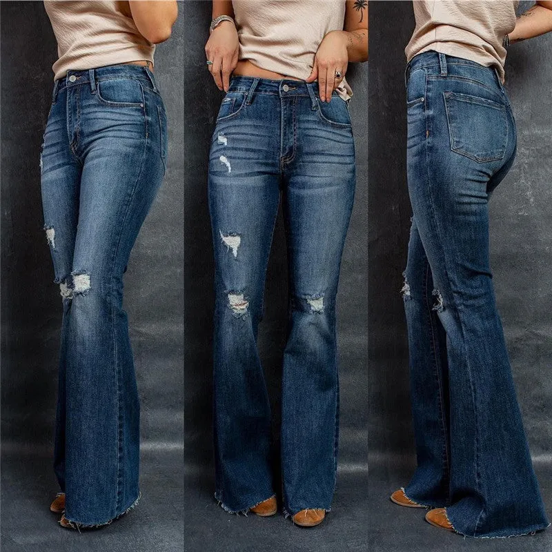 New Women's High Waisted Vintage Denim Ripped Flare Jeans