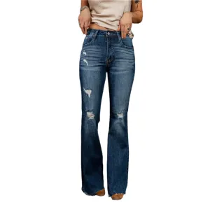 New Women's High Waisted Vintage Denim Ripped Flare Jeans