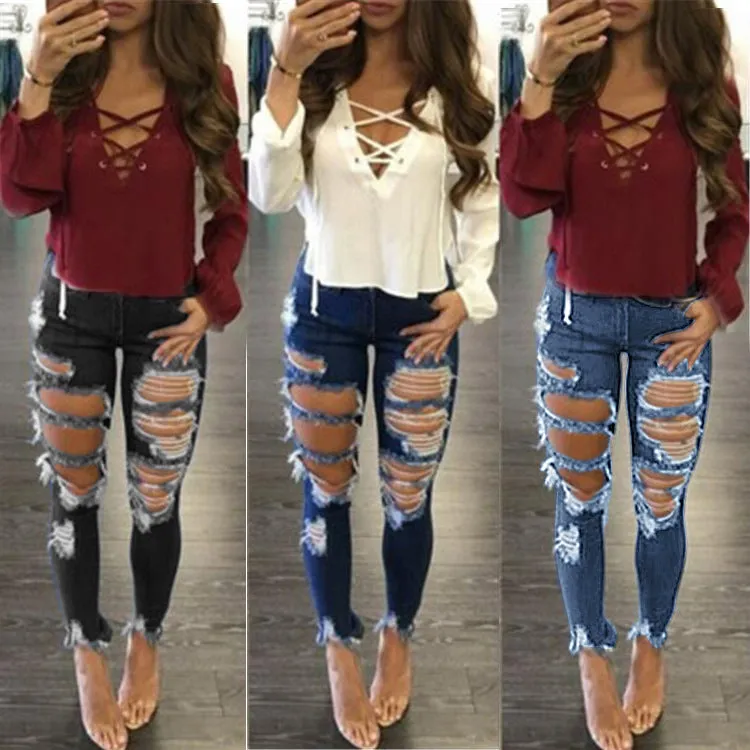 New Women's Long Jeans High Waisted Ripped Pencil Pants