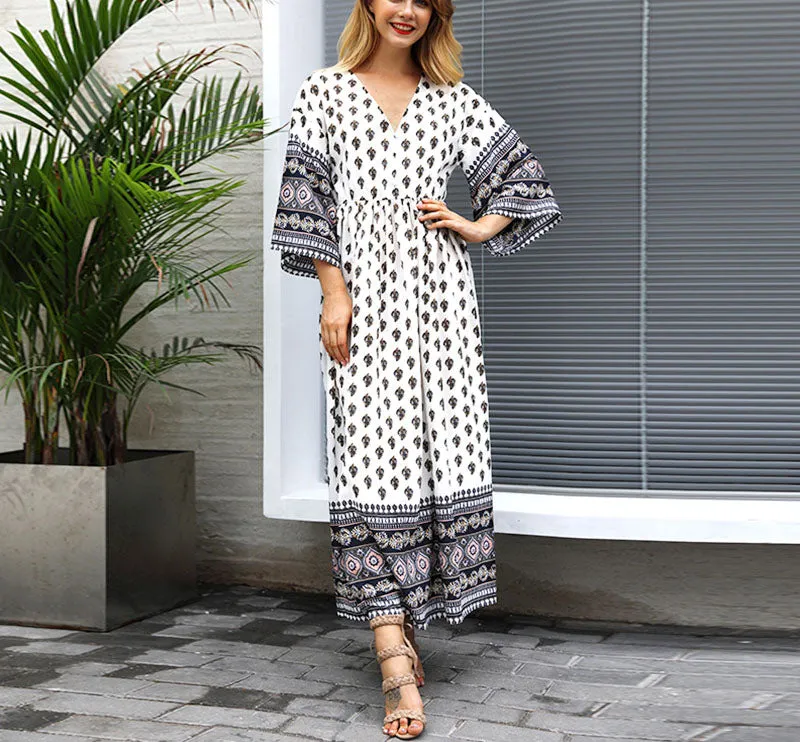 New Women's Print V-neck Bohemian Waist and Color Mosaic Dress