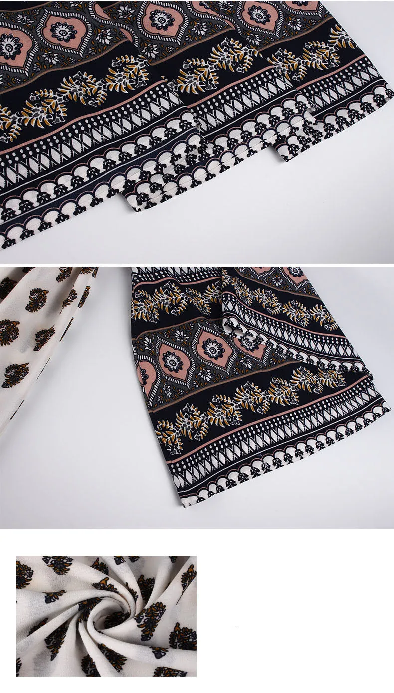 New Women's Print V-neck Bohemian Waist and Color Mosaic Dress