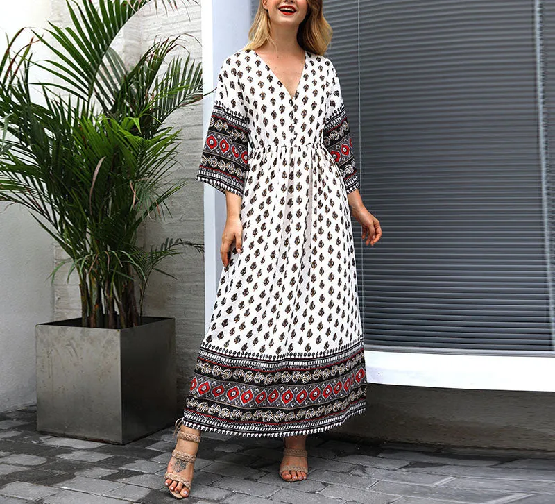 New Women's Print V-neck Bohemian Waist and Color Mosaic Dress