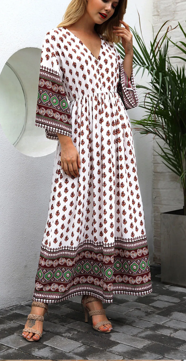 New Women's Print V-neck Bohemian Waist and Color Mosaic Dress