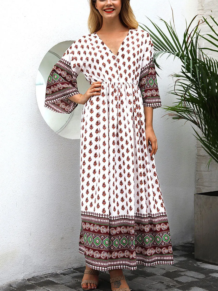 New Women's Print V-neck Bohemian Waist and Color Mosaic Dress