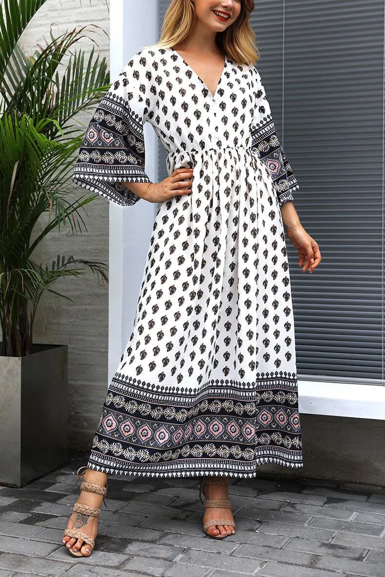 New Women's Print V-neck Bohemian Waist and Color Mosaic Dress