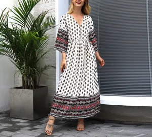 New Women's Print V-neck Bohemian Waist and Color Mosaic Dress