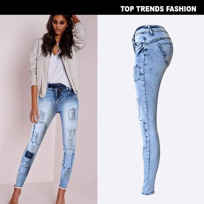 Newest Women's Ripped Jeans Slim Low Waisted Elasticity Pencil Pants