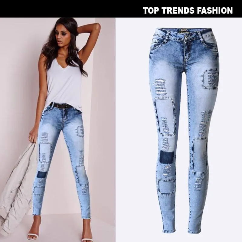 Newest Women's Ripped Jeans Slim Low Waisted Elasticity Pencil Pants