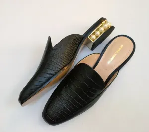 Nicholas Kirkwood Casati Pearl Loafers Black Croc Embossed Leather Moccasin Mule Flats