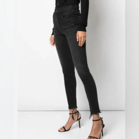 Nili Lotan high rise skinny black jeans raw hem size 27