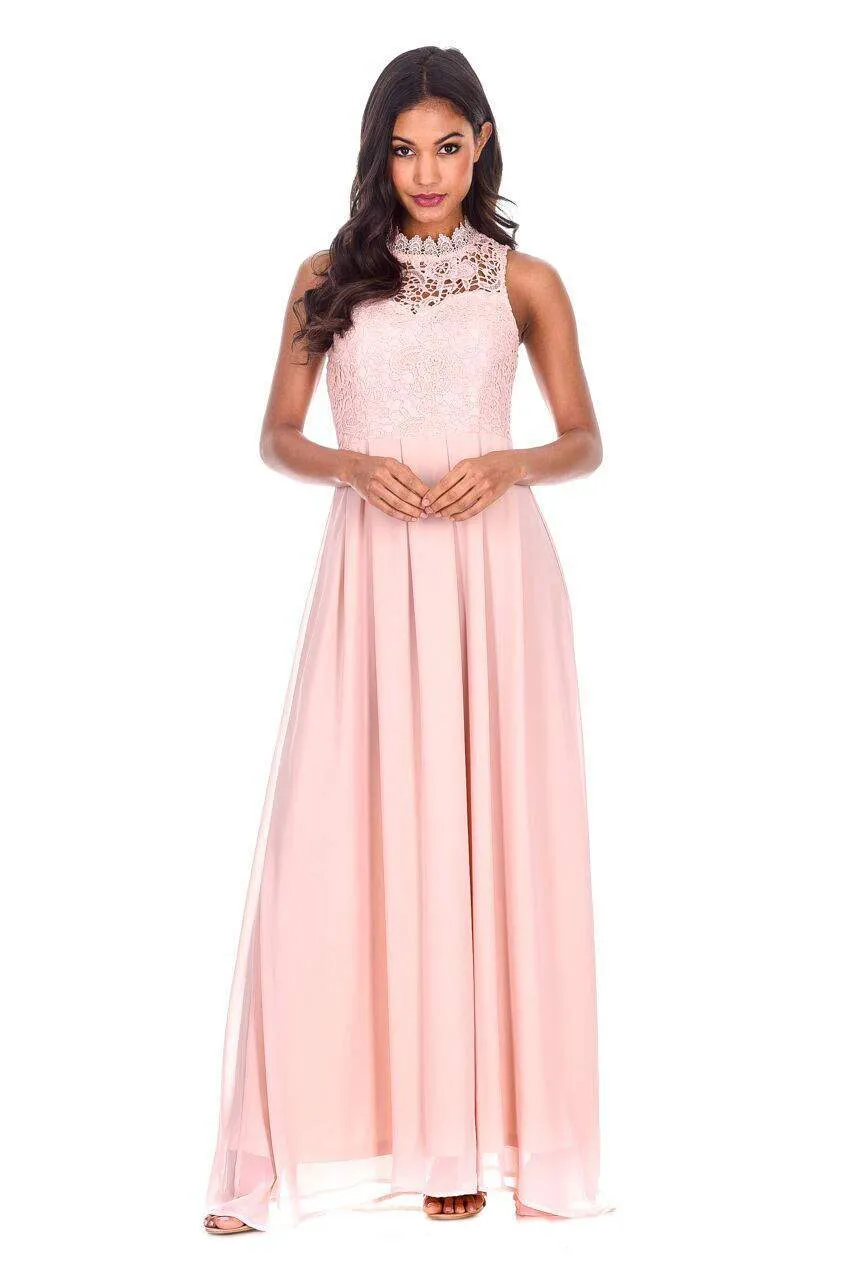 Nude High Neck Crochet Maxi Dress
