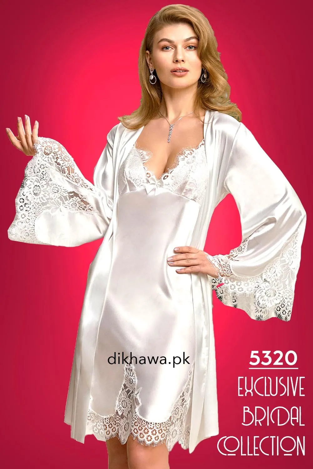 Nurteks - Exclusive Bridal Wedding Honeymoon 2Pc Designer Nighty Set White 5320 - Turkish Brand