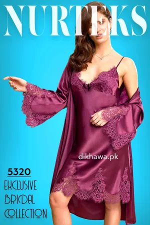 Nurteks - Exclusive Bridal Wedding Honeymoon 2Pc Short Nighty Set Maroon 5320 - Turkish Brand