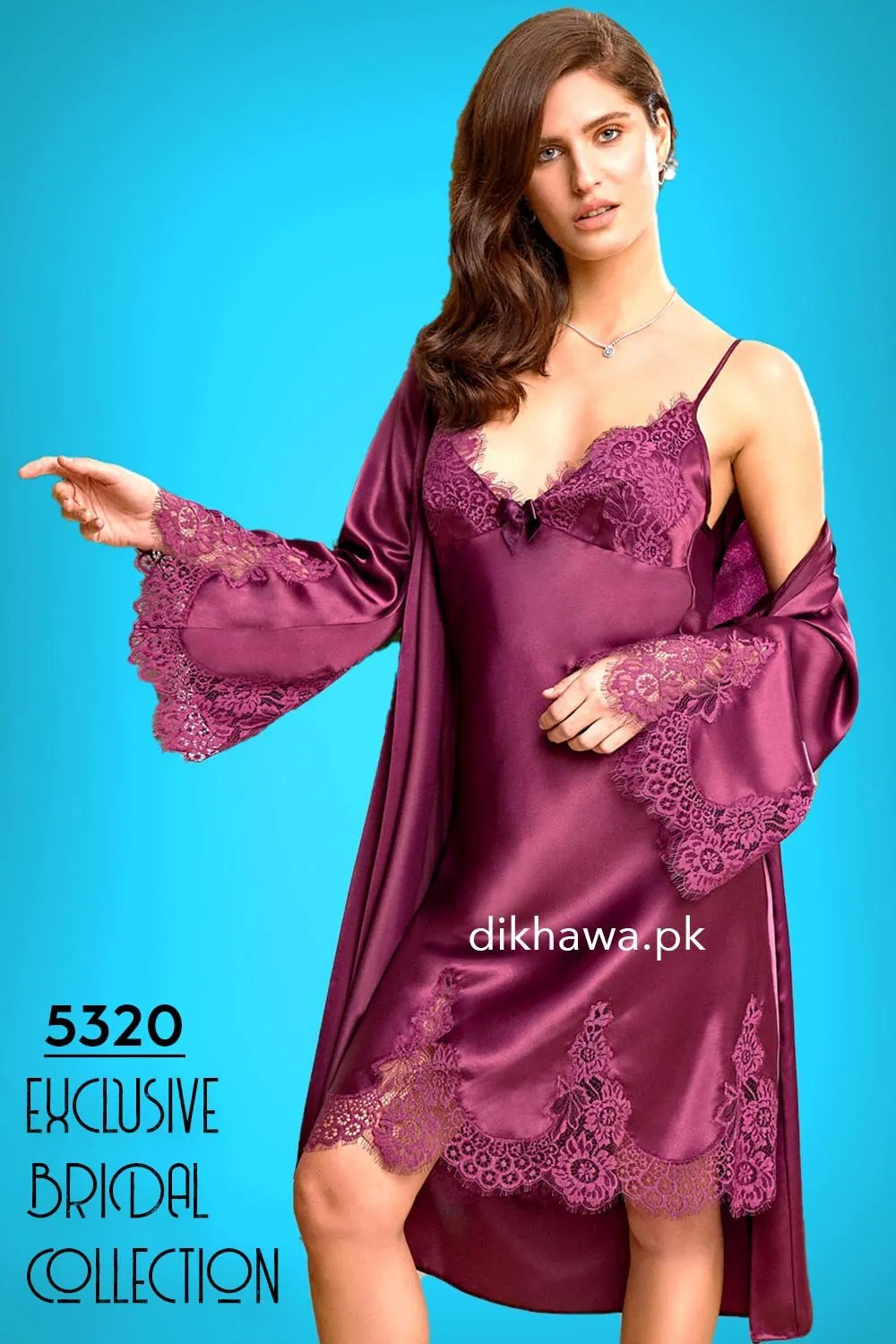 Nurteks - Exclusive Bridal Wedding Honeymoon 2Pc Short Nighty Set Maroon 5320 - Turkish Brand