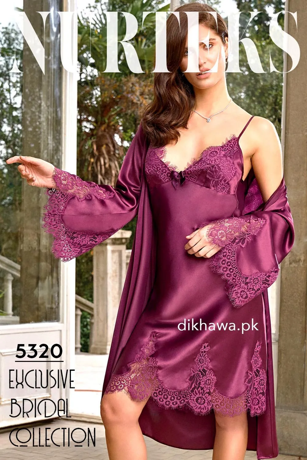 Nurteks - Exclusive Bridal Wedding Honeymoon 2Pc Short Nighty Set Maroon 5320 - Turkish Brand