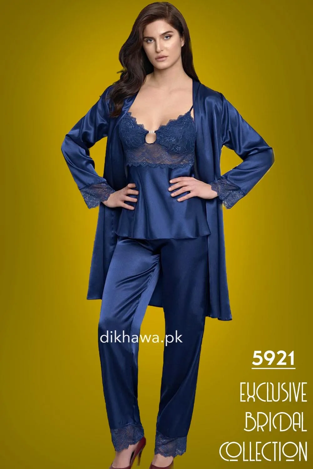 Nurteks - Exclusive Bridal Wedding Honeymoon 3Pc Nightdress & Pajama Set Royal Blue 5921 - Turkish Brand