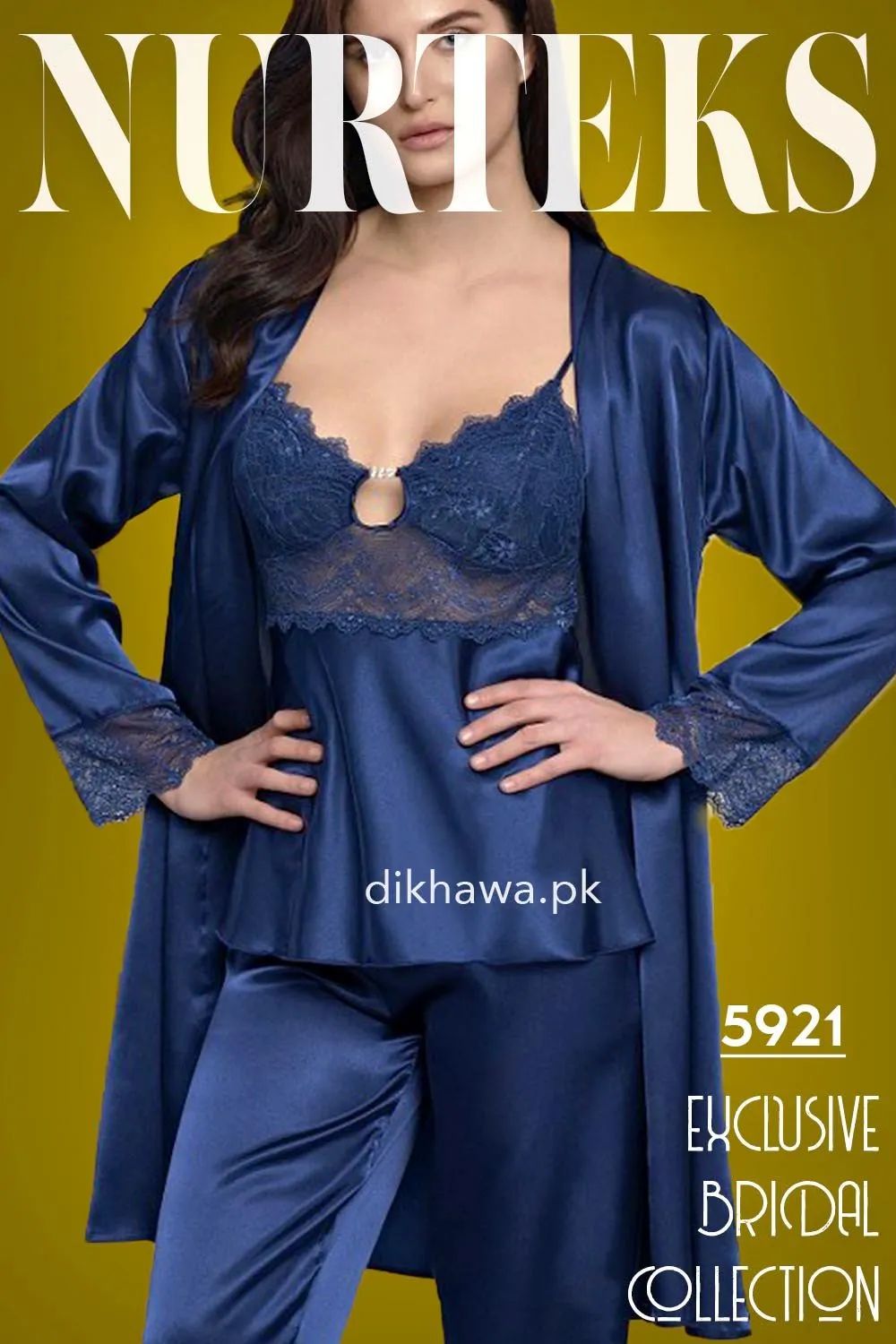 Nurteks - Exclusive Bridal Wedding Honeymoon 3Pc Nightdress & Pajama Set Royal Blue 5921 - Turkish Brand