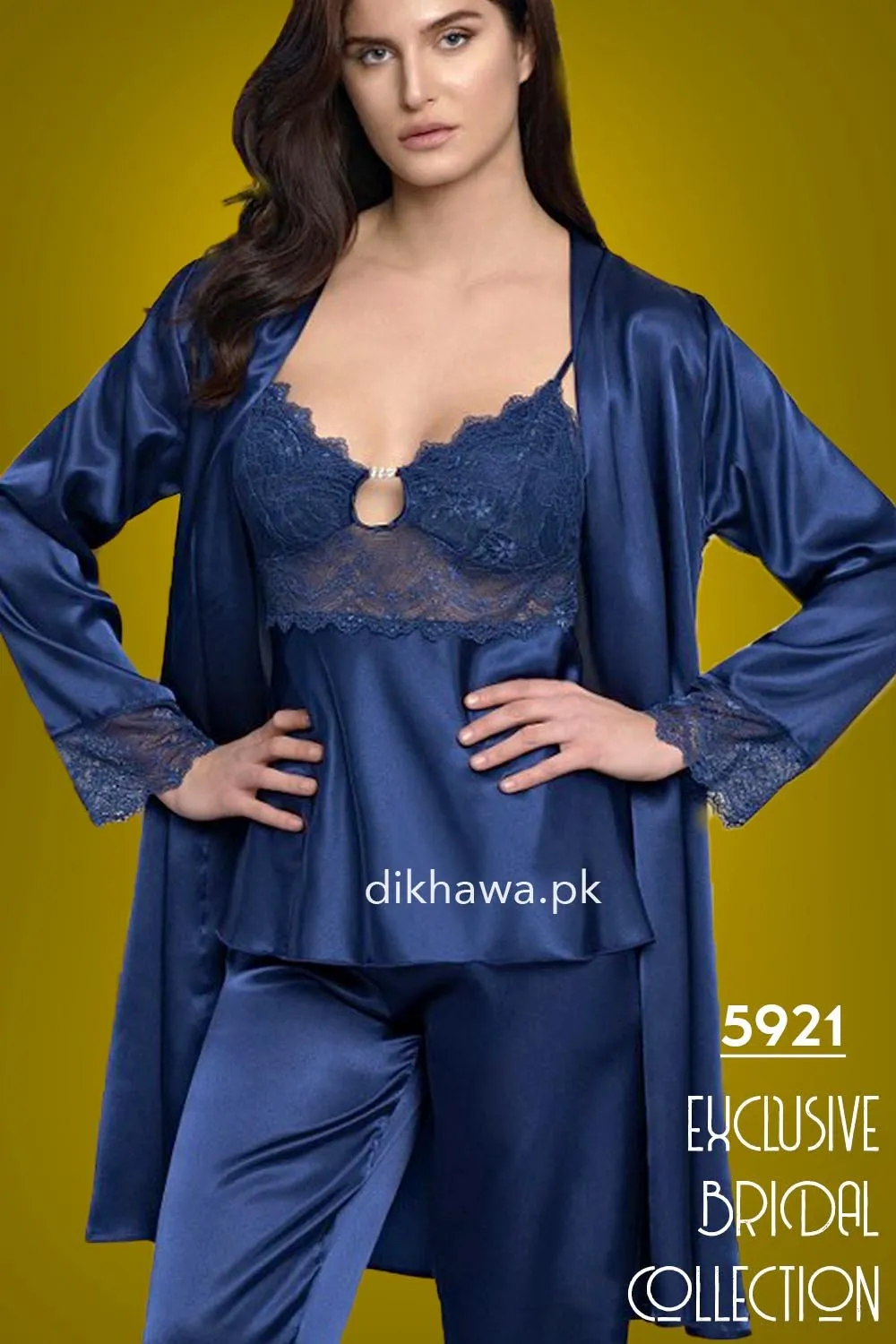 Nurteks - Exclusive Bridal Wedding Honeymoon 3Pc Nightdress & Pajama Set Royal Blue 5921 - Turkish Brand