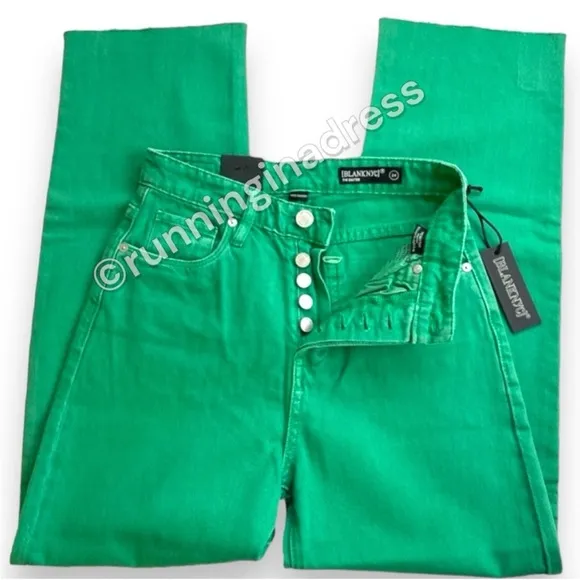 NWT Blank NYC The Baxter Green Denim High-Waisted Straight Jeans Size 24