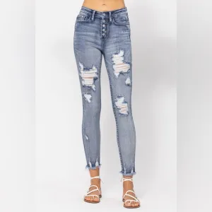 NWT Judy Blue Bleach Splash Distressed High Rise Button Fly Skinny Jeans size 13