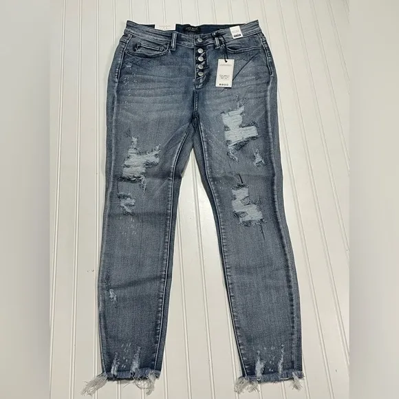 NWT Judy Blue Bleach Splash Distressed High Rise Button Fly Skinny Jeans size 13