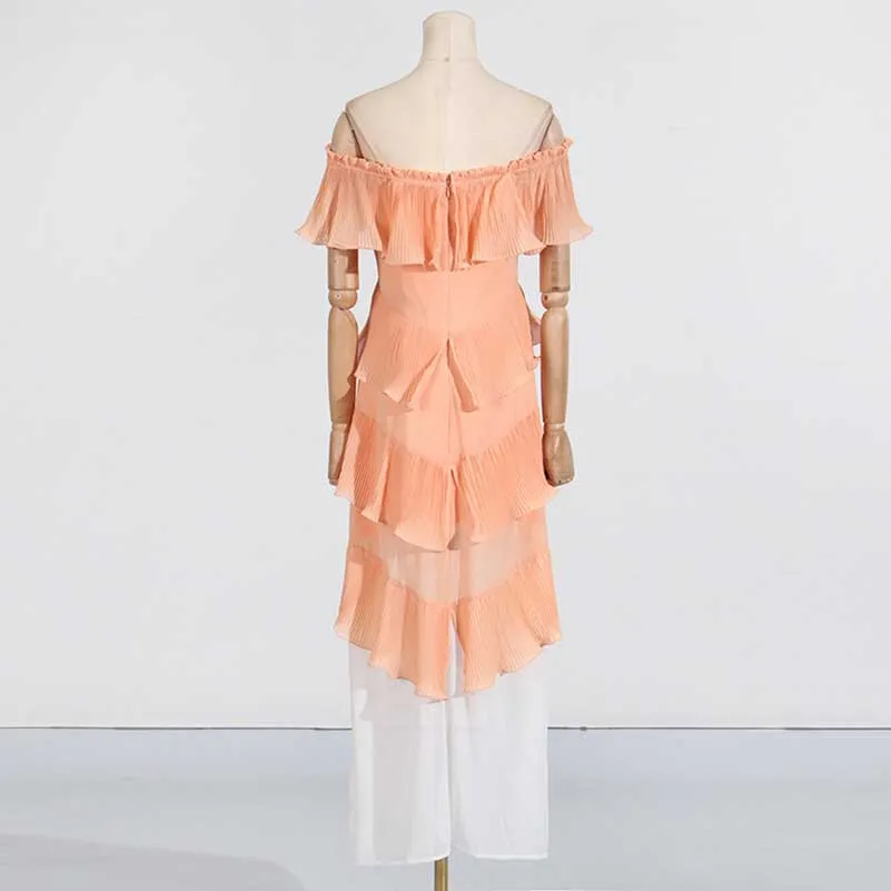 Off-Shoulder High-Low Maxi Dress with Cascading Ruffles