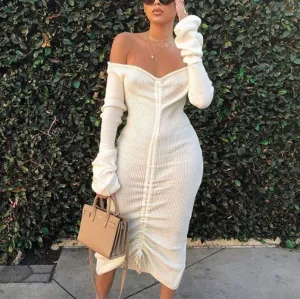 Off-the-shoulder Long-sleeved Long Solid Color Drawstring Autumn and Winter Women's Dress