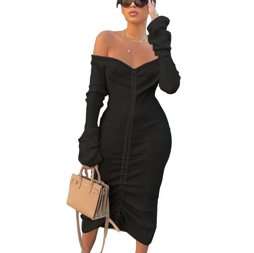 Off-the-shoulder Long-sleeved Long Solid Color Drawstring Autumn and Winter Women's Dress