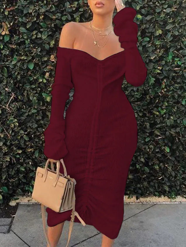 Off-the-shoulder Long-sleeved Long Solid Color Drawstring Autumn and Winter Women's Dress
