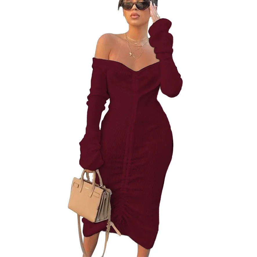 Off-the-shoulder Long-sleeved Long Solid Color Drawstring Autumn and Winter Women's Dress
