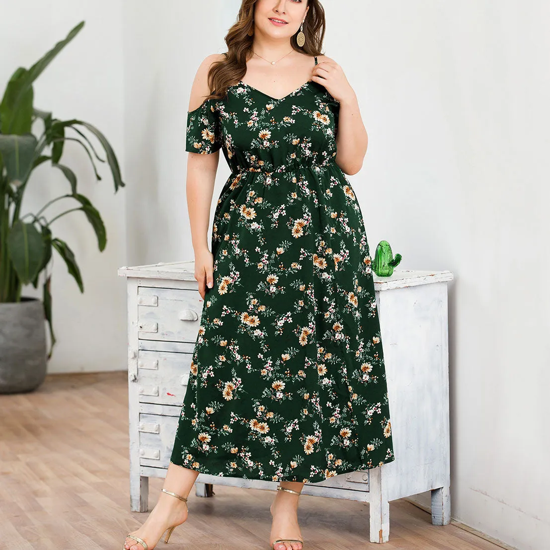 Off-the-shoulder Strap V-neck High Waist Split Fashion Large Size Women's Printed Dress