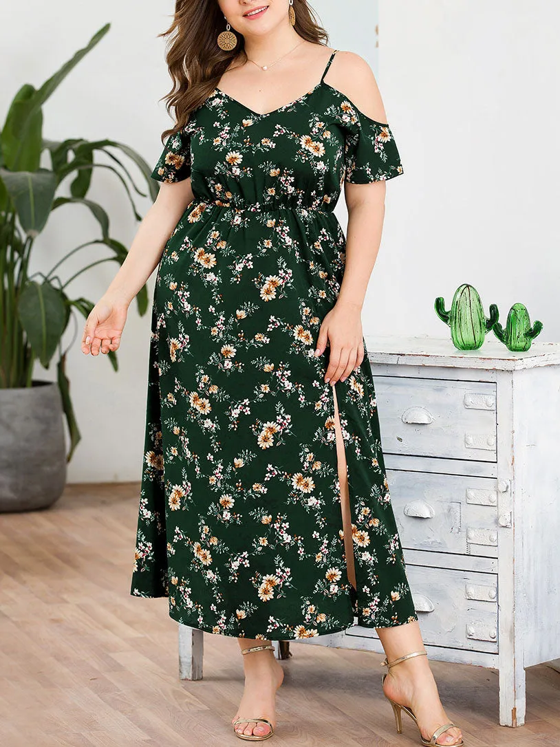 Off-the-shoulder Strap V-neck High Waist Split Fashion Large Size Women's Printed Dress