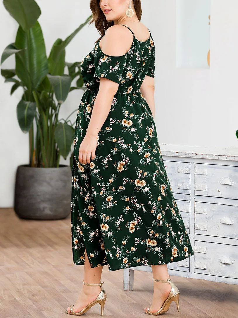 Off-the-shoulder Strap V-neck High Waist Split Fashion Large Size Women's Printed Dress