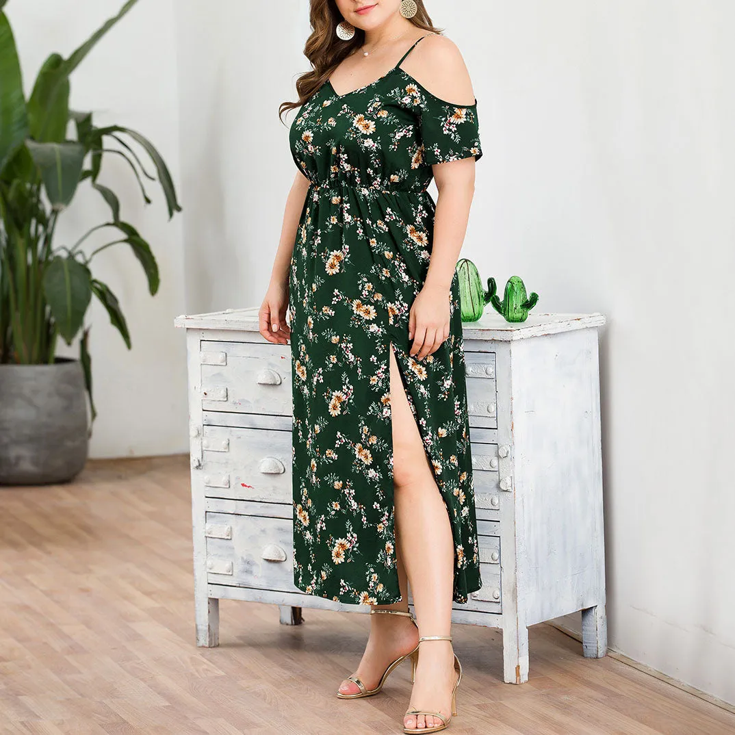 Off-the-shoulder Strap V-neck High Waist Split Fashion Large Size Women's Printed Dress