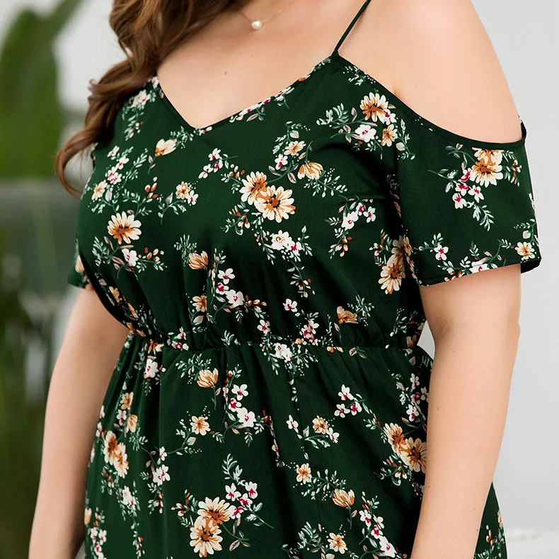 Off-the-shoulder Strap V-neck High Waist Split Fashion Large Size Women's Printed Dress