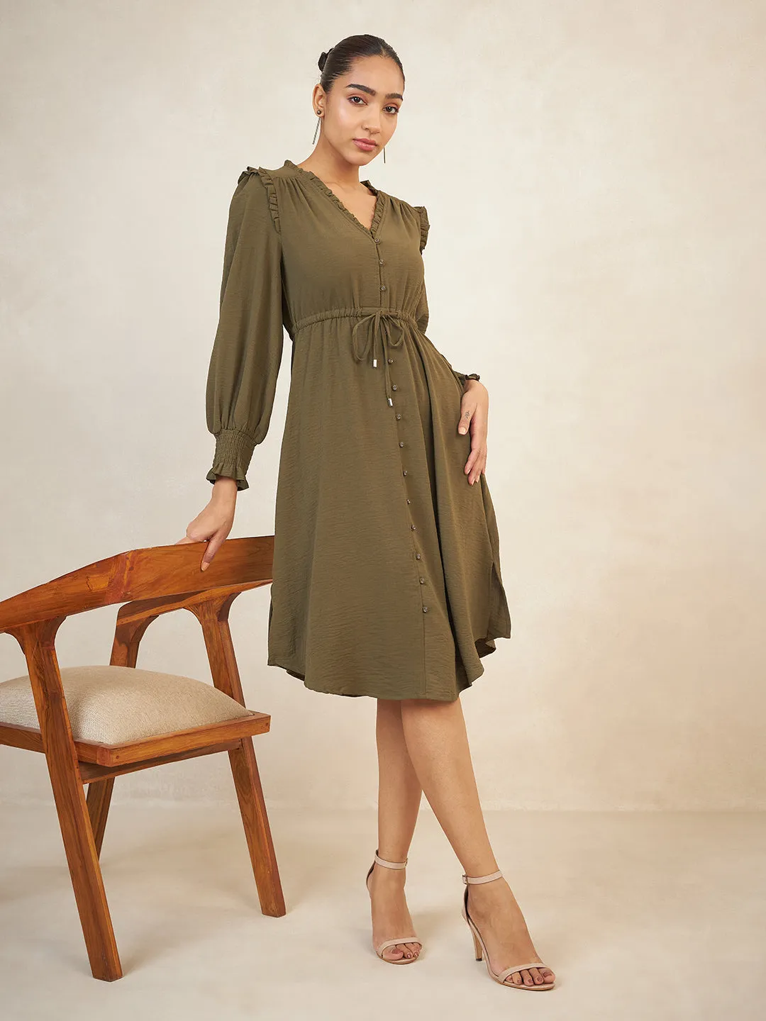 Olive Crinkle Drawstring Detail Midi Dress
